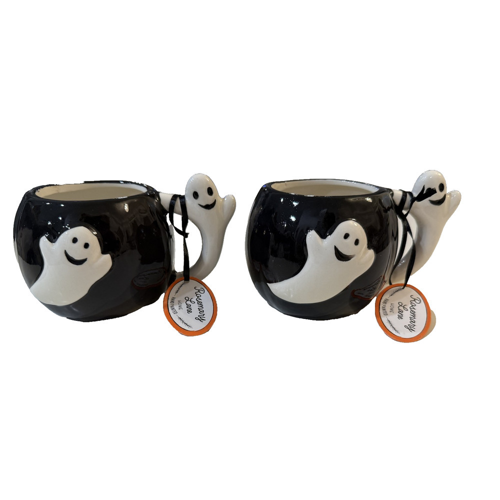 Rosemary Lane Halloween‎ Coffee Cup Ghost Mugs Set 2 Ceramic Hand Painted Handle